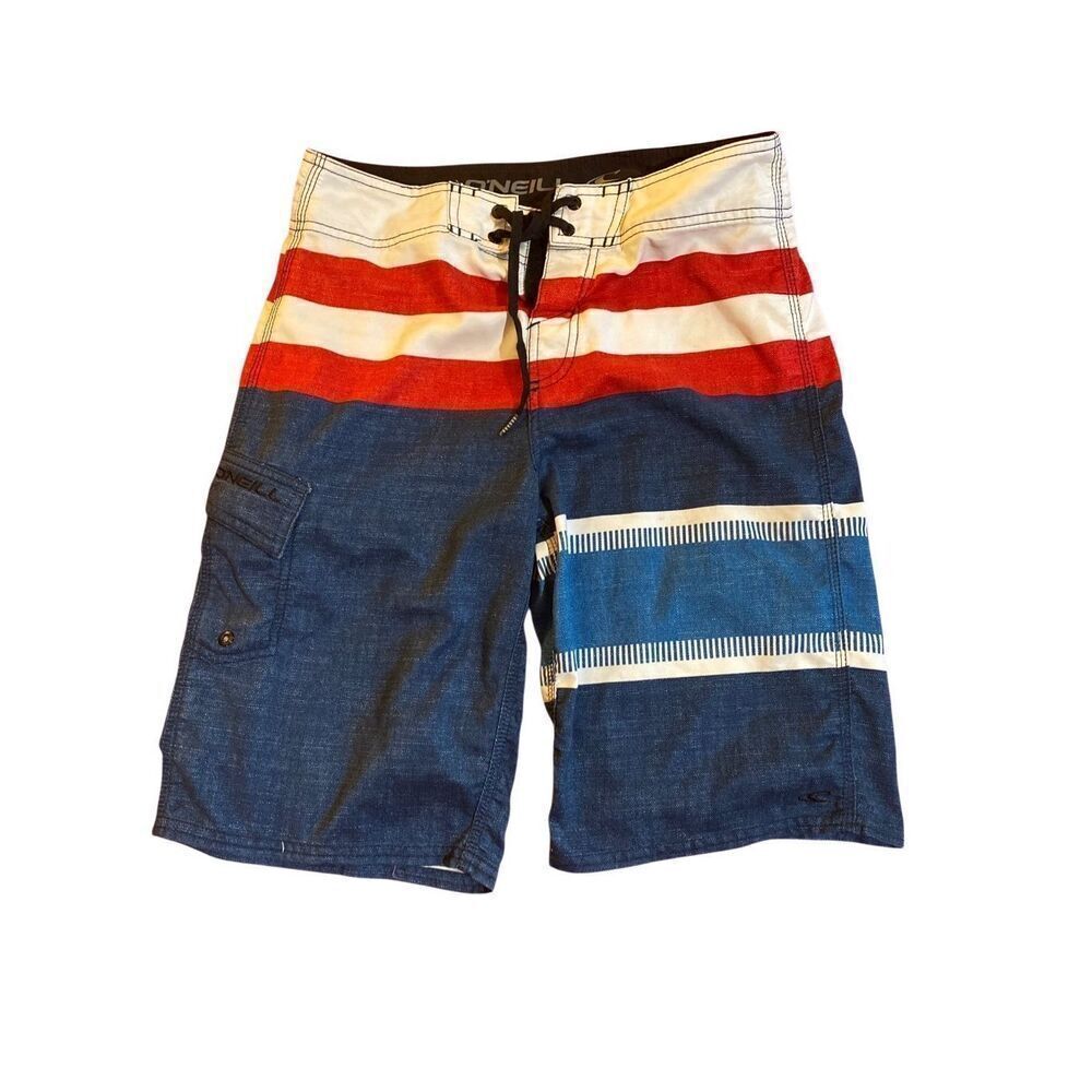 O’Neill men’s board shorts, swim trunks, red white and blue size 28
